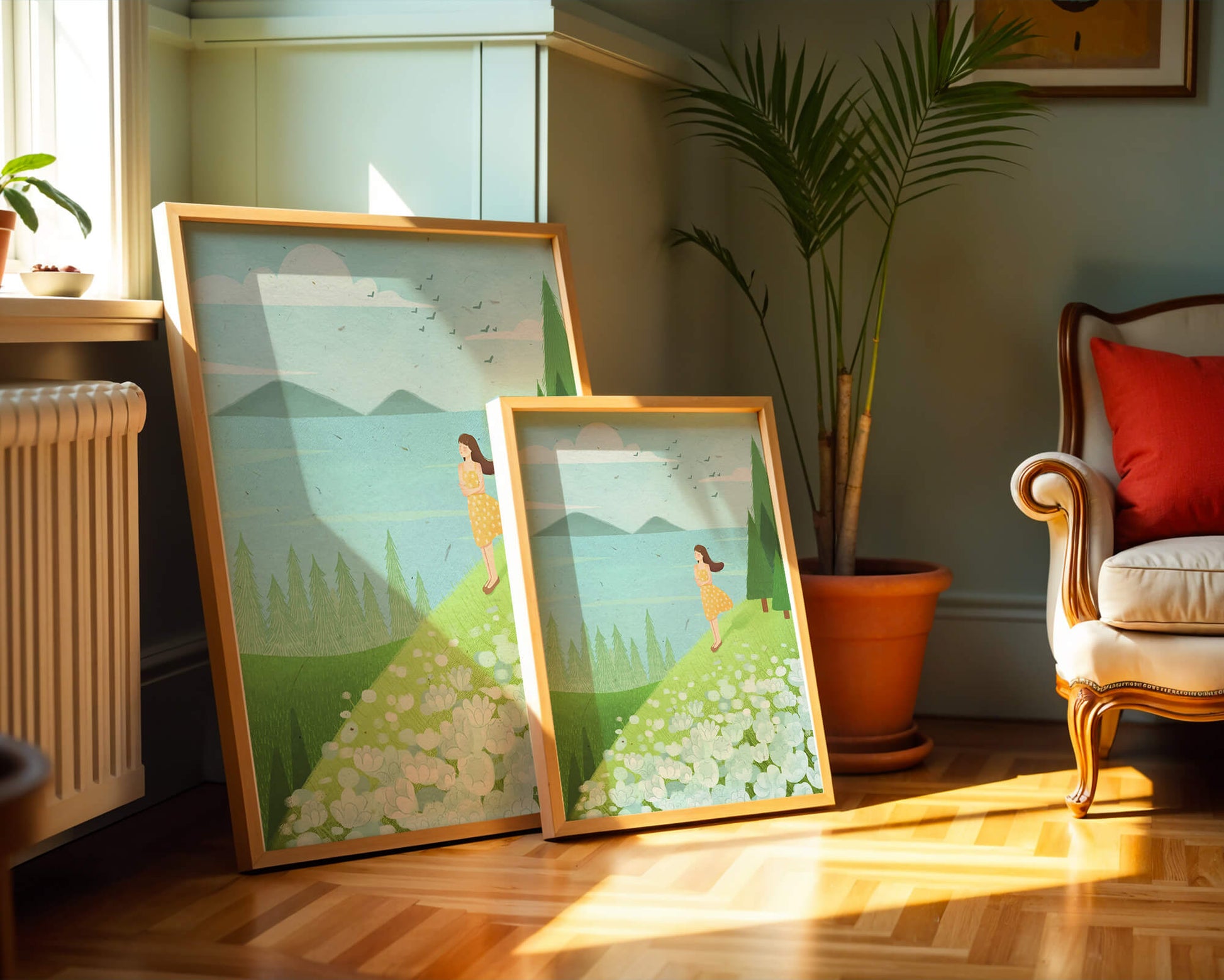 Mujer en vestido amarillo en la ladera con flores y árboles