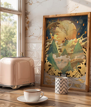 Mythical dragon and warrior painting with golden elements against a mountainous landscape