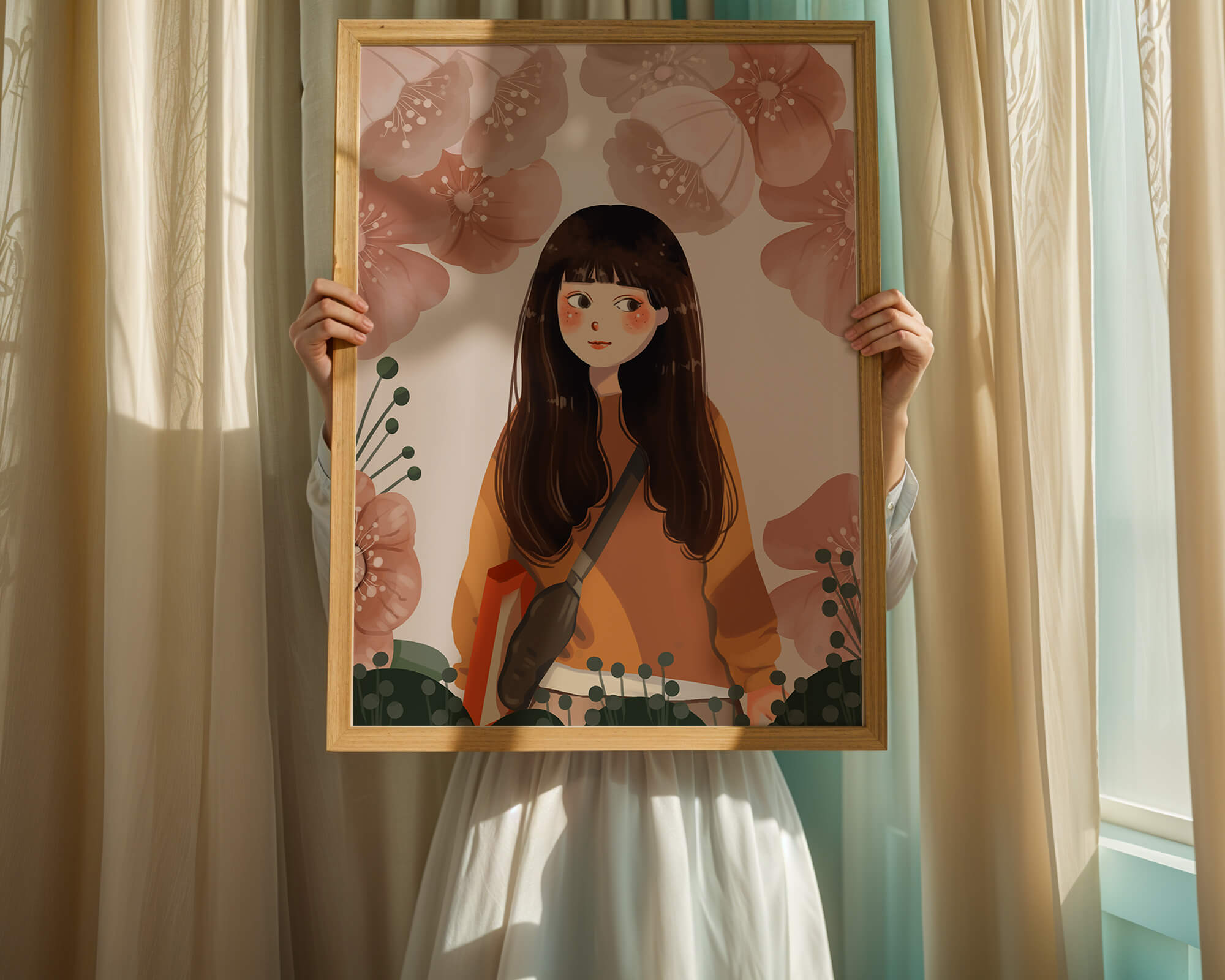 Illustration of girl with flowers in soft pastel hues