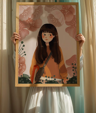 Ilustración de una niña con flores en tonos pasteles suaves