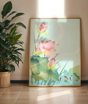 Loteo de flores de loto ilustrativas con hojas y peces koi en un estanque sereno