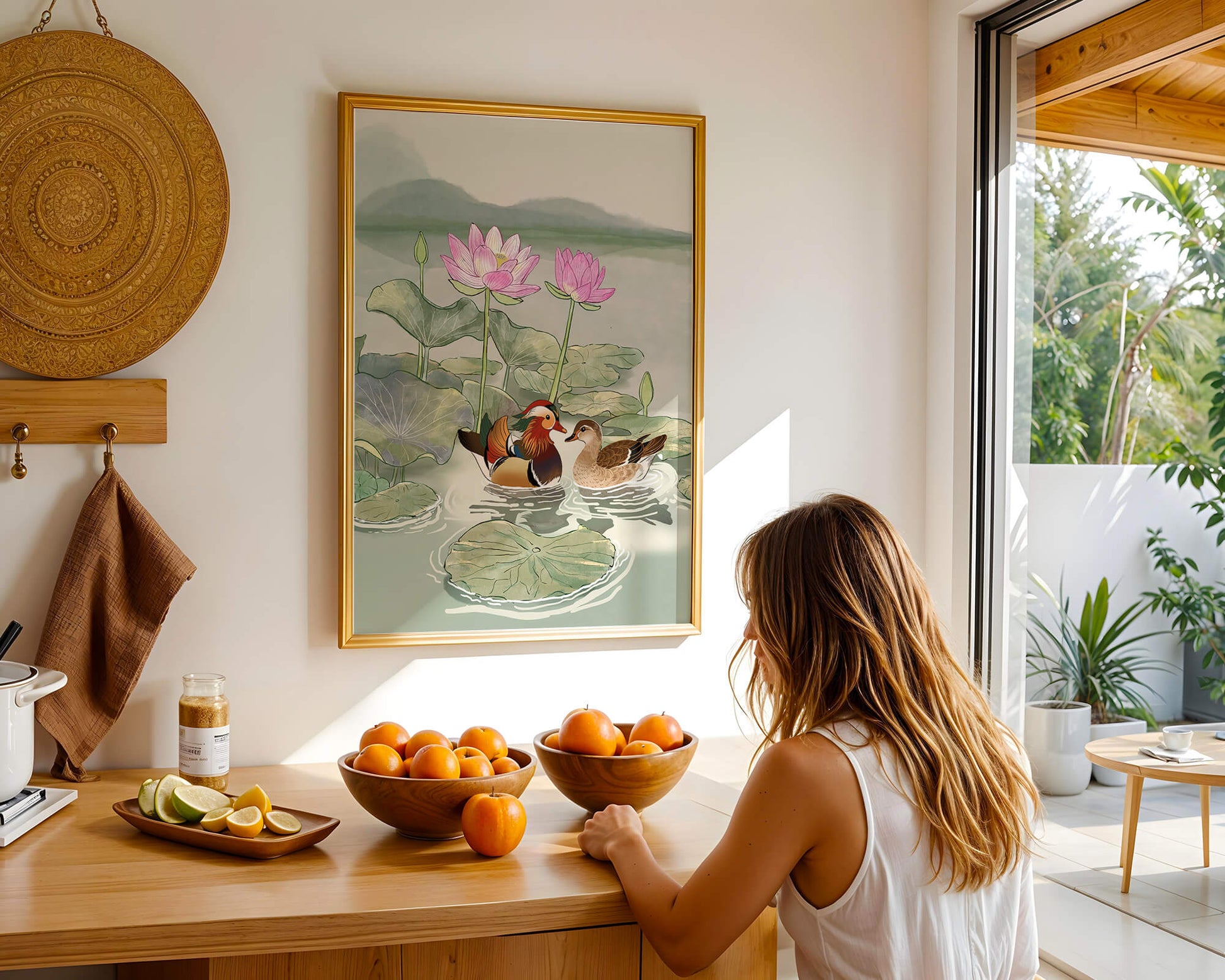 Patos mandarines y flores de loto en un estanque tranquilo