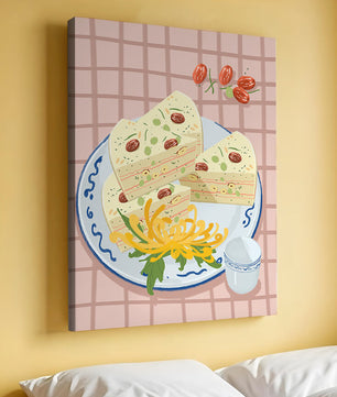 Illustration of layered cake on patterned plate with flowers and a cup