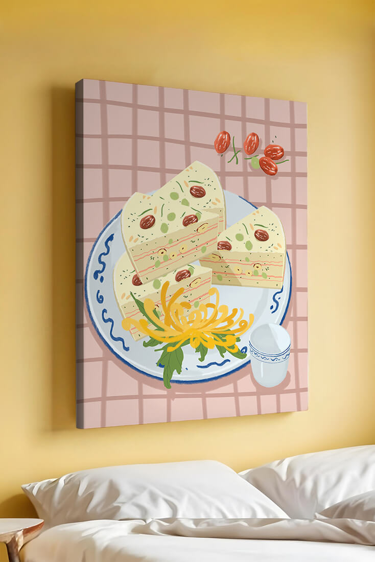 Illustration of layered cake on patterned plate with flowers and a cup