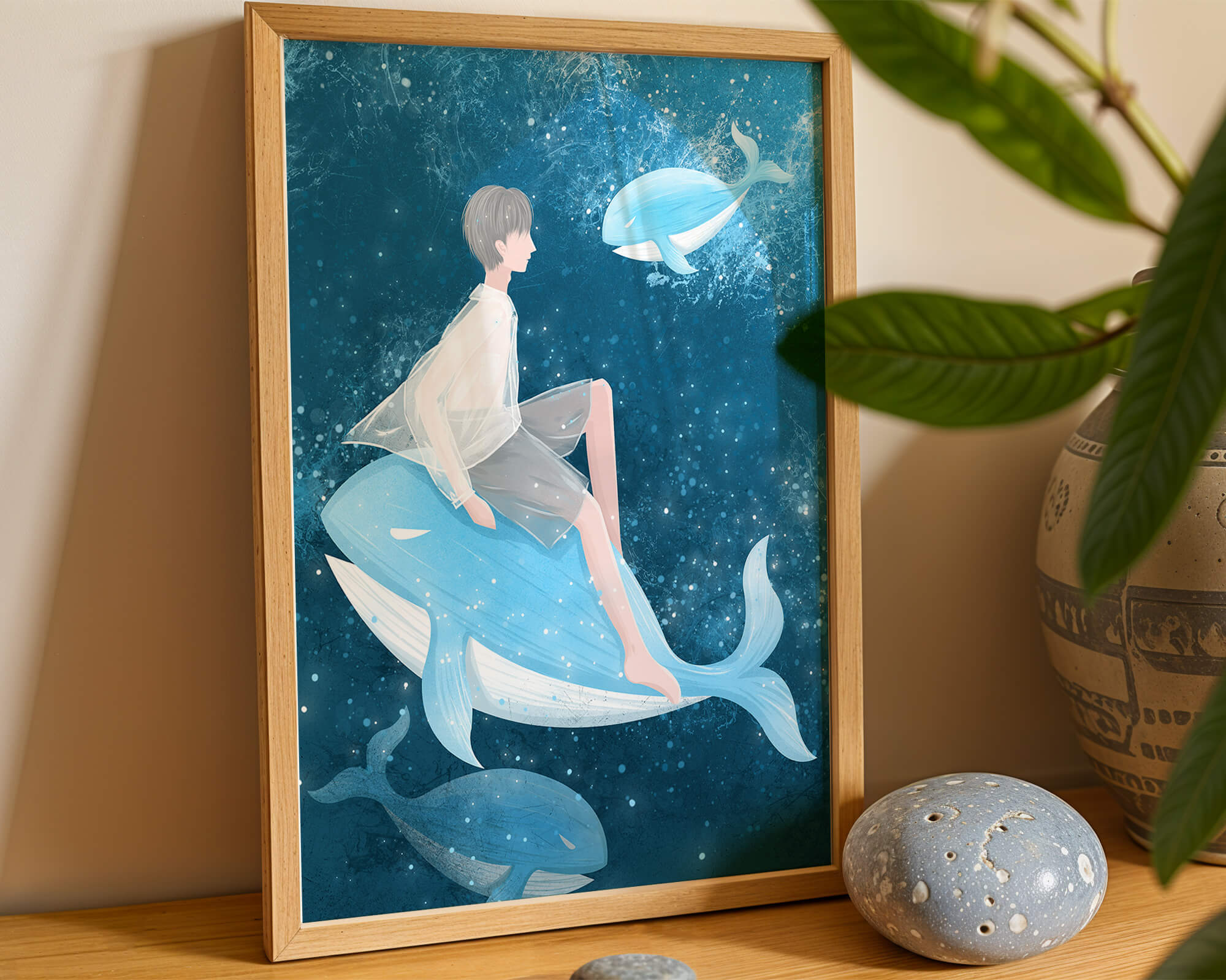 Fantasy illustration of person on blue whale in underwater scene