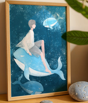 Illustration fantastique d'une personne sur une baleine bleue dans une scène sous-marine
