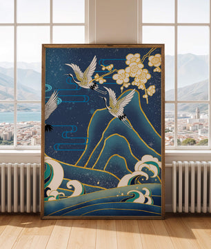 Elegantes grullas en vuelo sobre las olas del océano con detalles dorados y flores