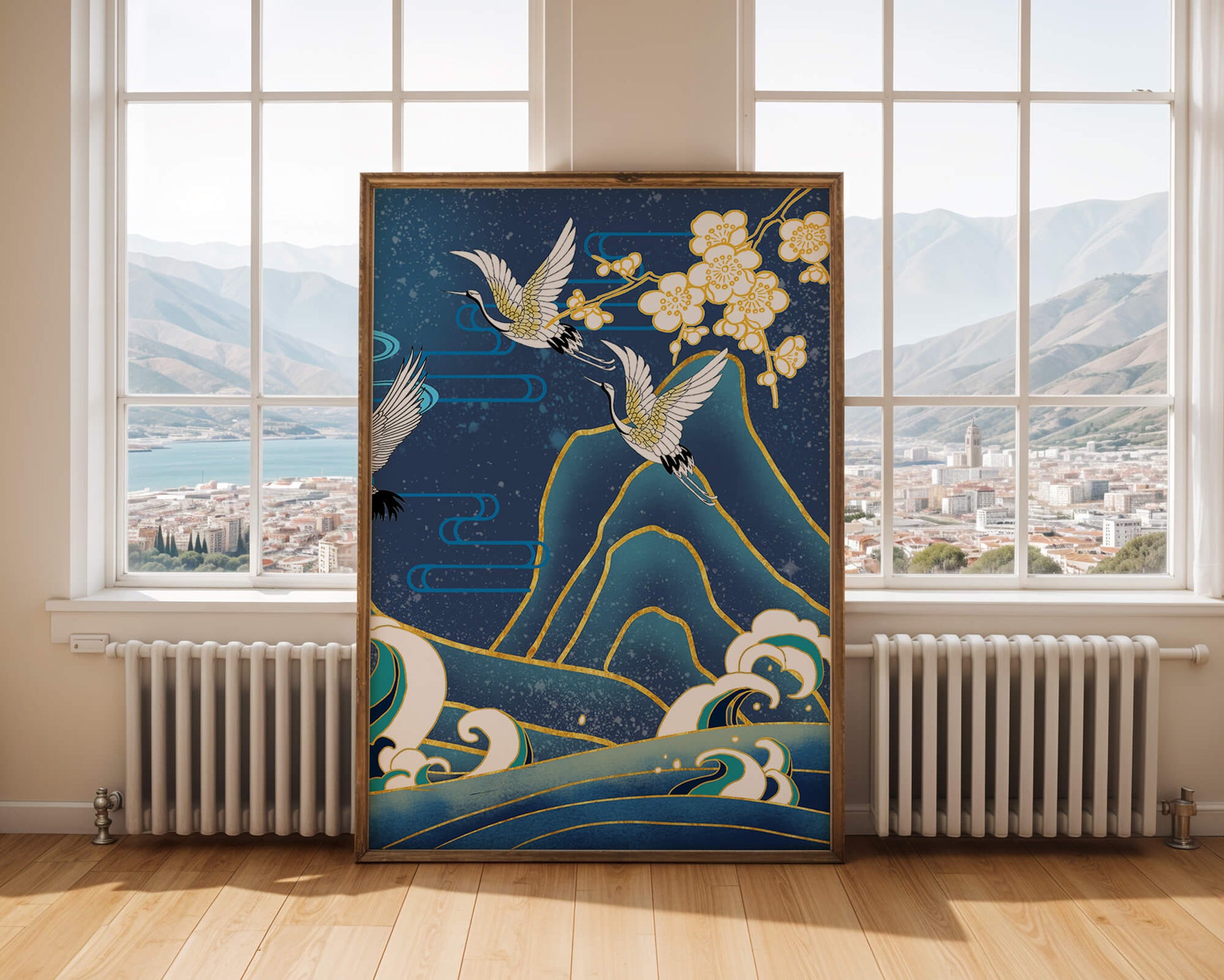Elegant Cranes in Flight over Ocean Waves with Golden Accents and Blossoms