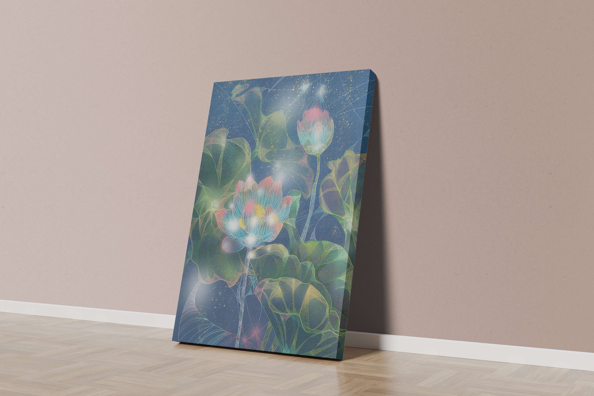 Bunte Lotusblumen mit abstraktem kosmischen Hintergrund