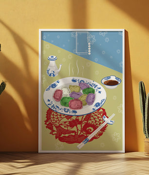 Colorful dumplings and tea set on decorative mat
