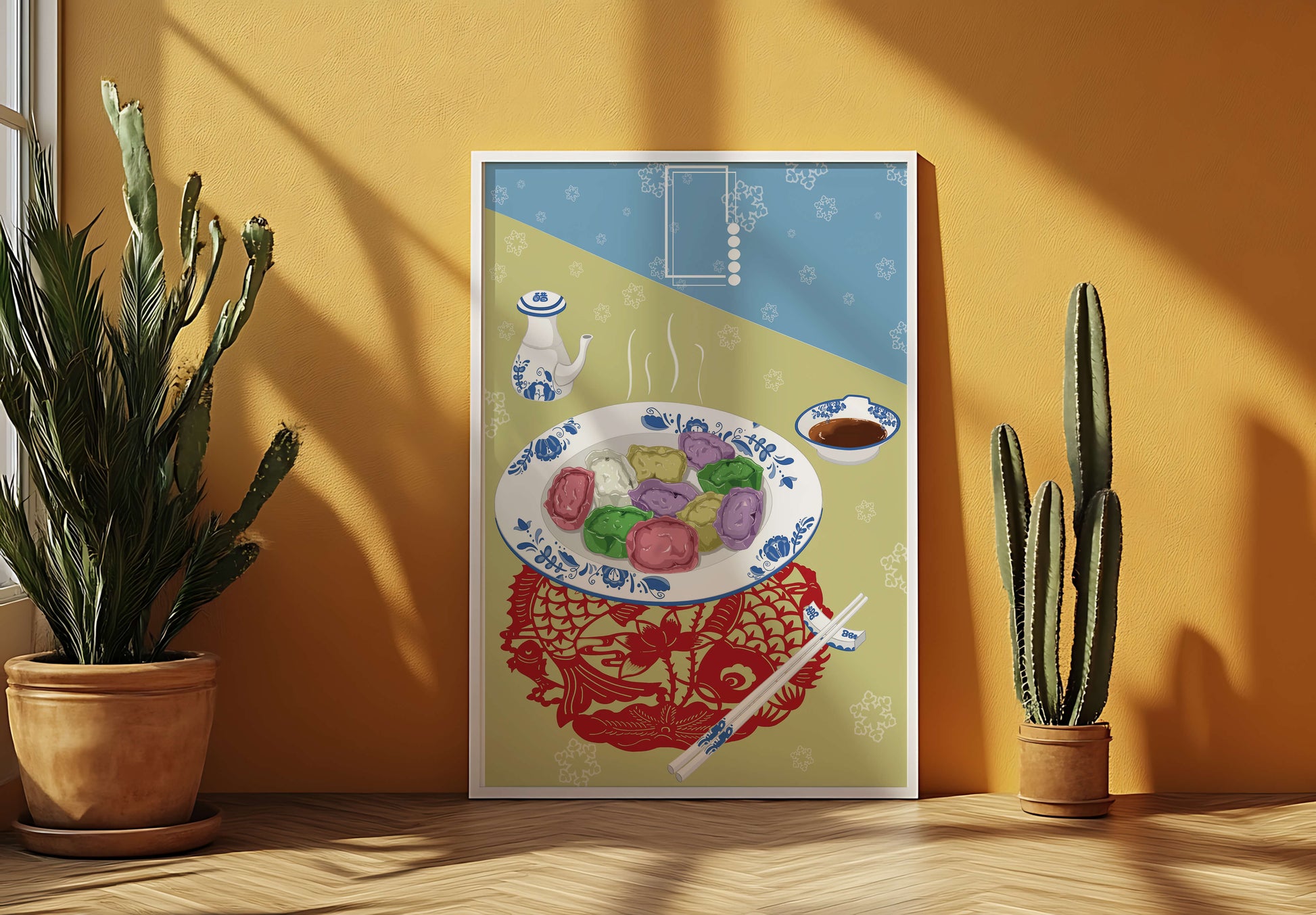 Colorful dumplings and tea set on decorative mat