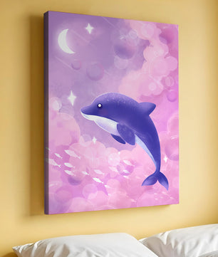 Dreamlike underwater scene with dolphin and moonlit sky