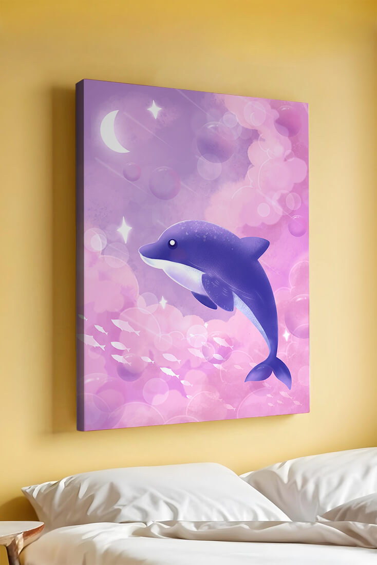 Dreamlike underwater scene with dolphin and moonlit sky