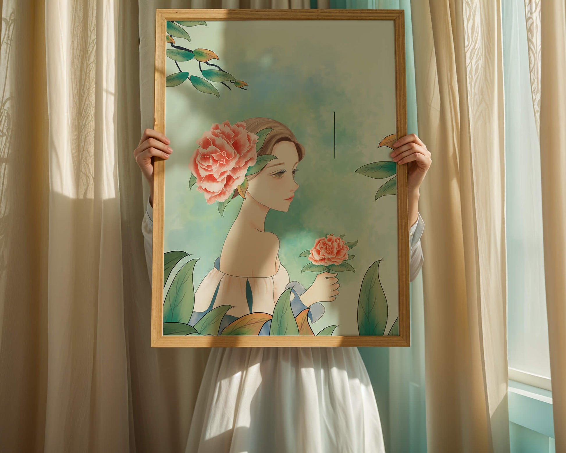 Illustration of a woman with a flower and text saying "Hello, July"