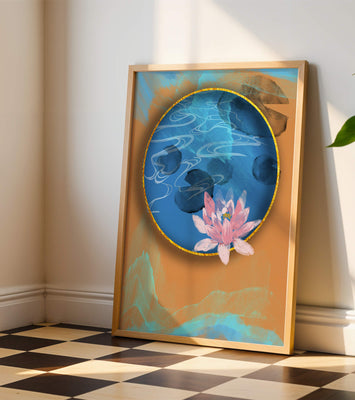 Abstract water lily art with gold accents on blue and orange background