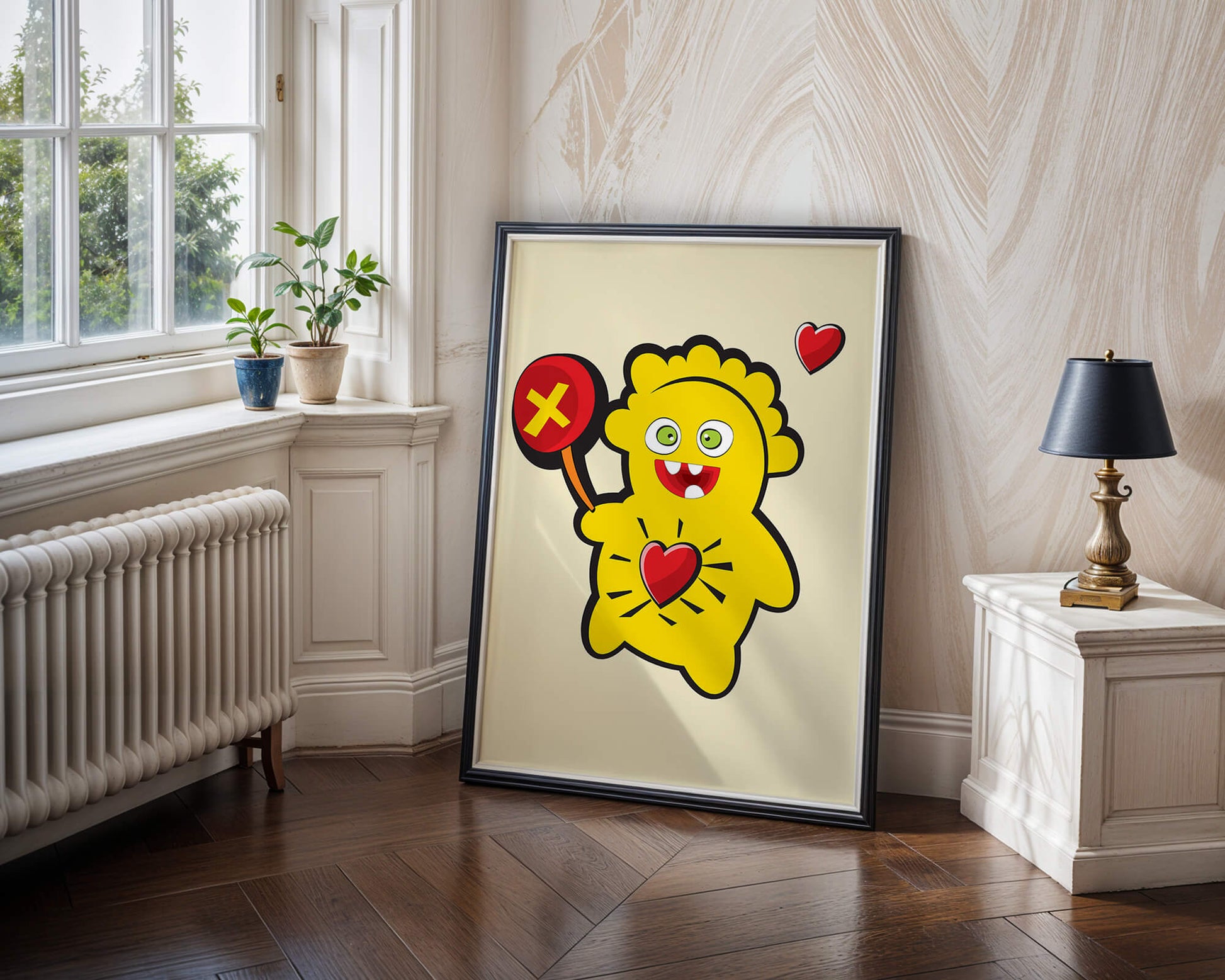 Colorful cartoon character with heart and playful design