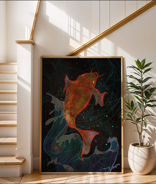 Koi Fish with Abstract Waves in Vibrant Colors
