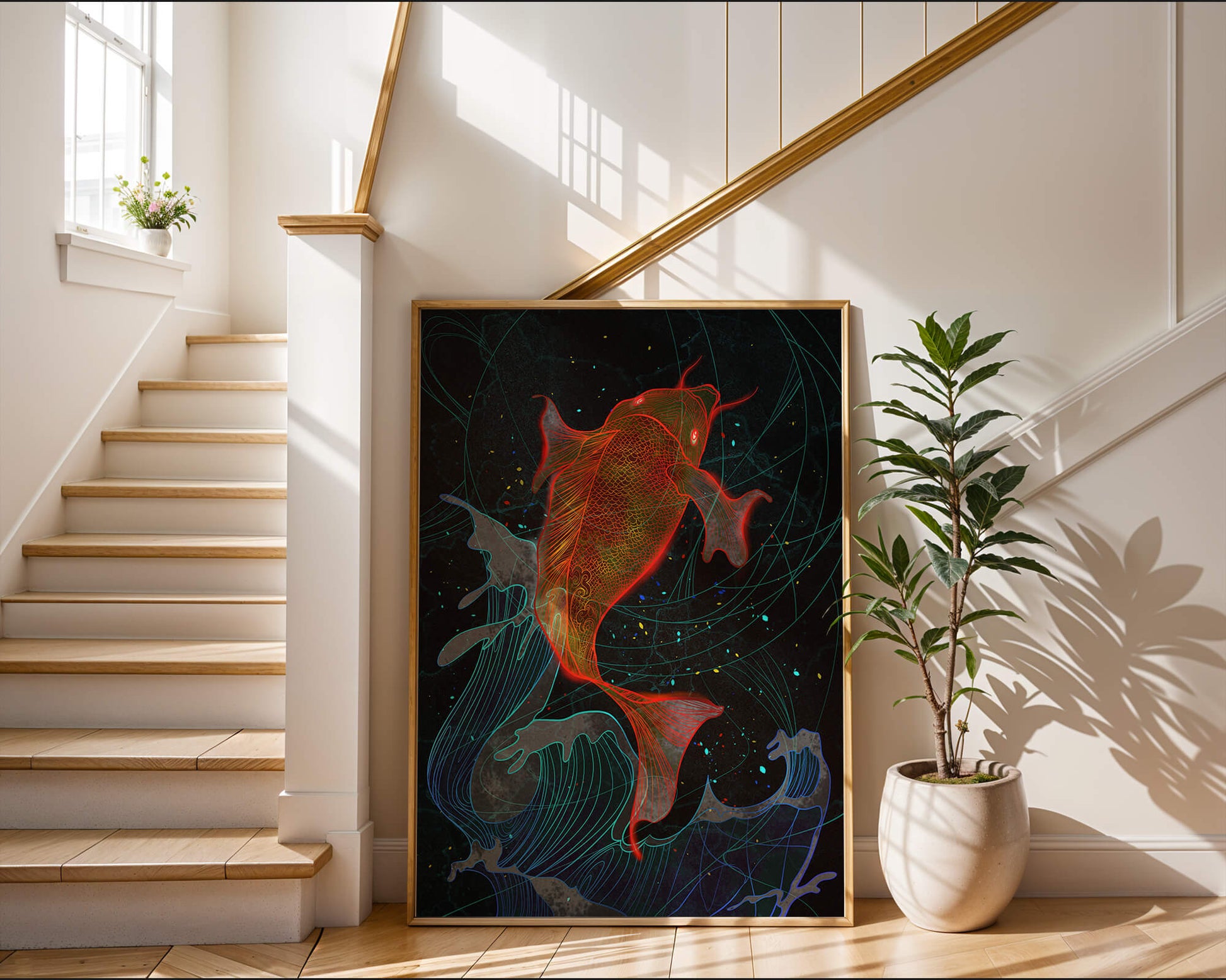 Koi Fish with Abstract Waves in Vibrant Colors