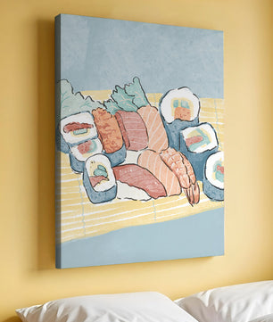 Illustration of assorted sushi rolls with shrimp and salmon on a bamboo mat
