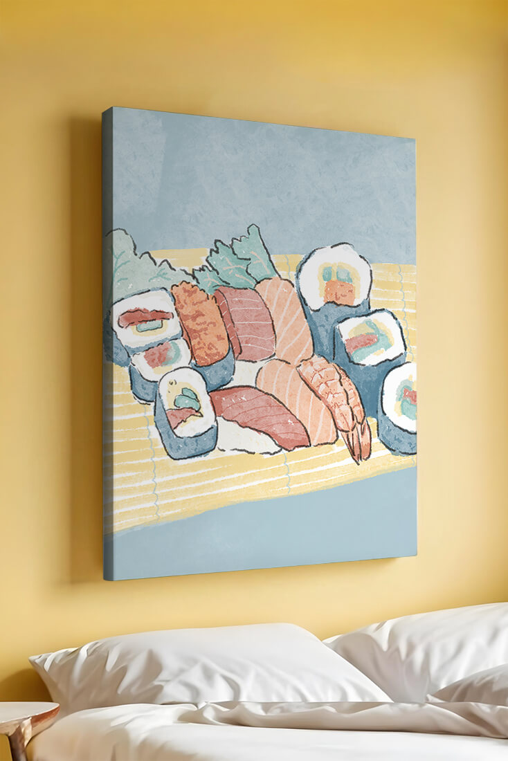 Illustration of assorted sushi rolls with shrimp and salmon on a bamboo mat