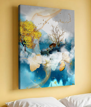 Surreal Nature Scene with Elephants and Golden Leaves