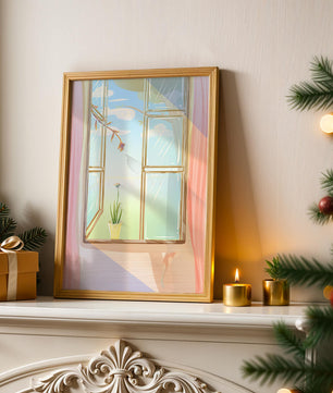 Tranquil open window with floral view and gentle sunlight