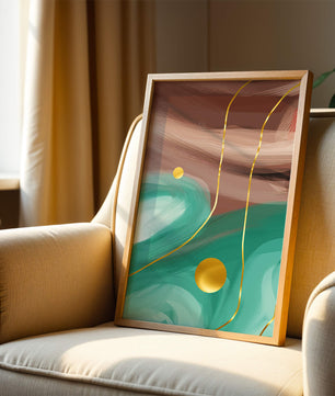 Composición abstracta con elementos dorados sobre fondo turquesa y marrón