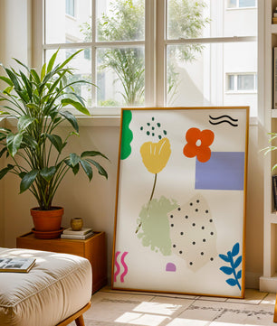 Abstraktes Blumendesign mit bunten geometrischen Formen