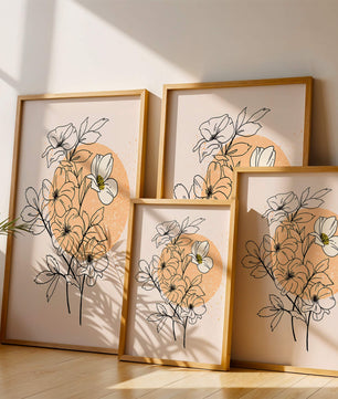 Ilustración floral minimalista con tonos pastel y fondos abstractos