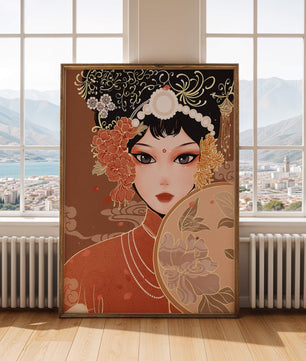 Elegante retrato de una mujer asiática con atuendo tradicional y elementos florales