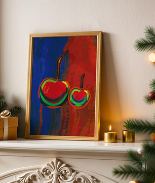 Pintura abstracta de cerezas con colores vibrantes