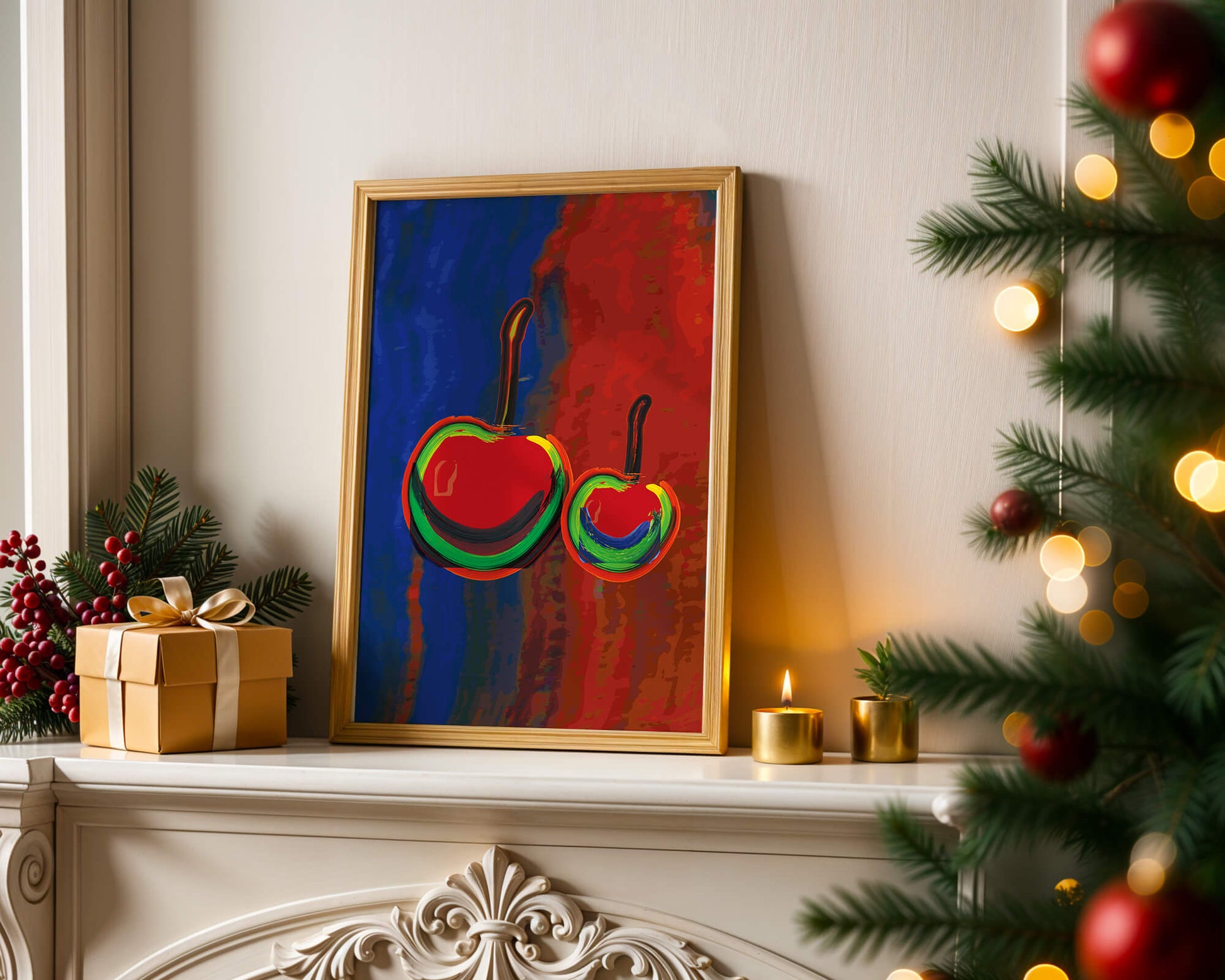 Pintura abstracta de cerezas con colores vibrantes.