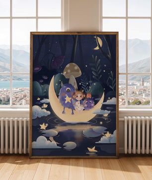 Escena nocturna onírica con un niño y monstruos amigables sobre una luna creciente