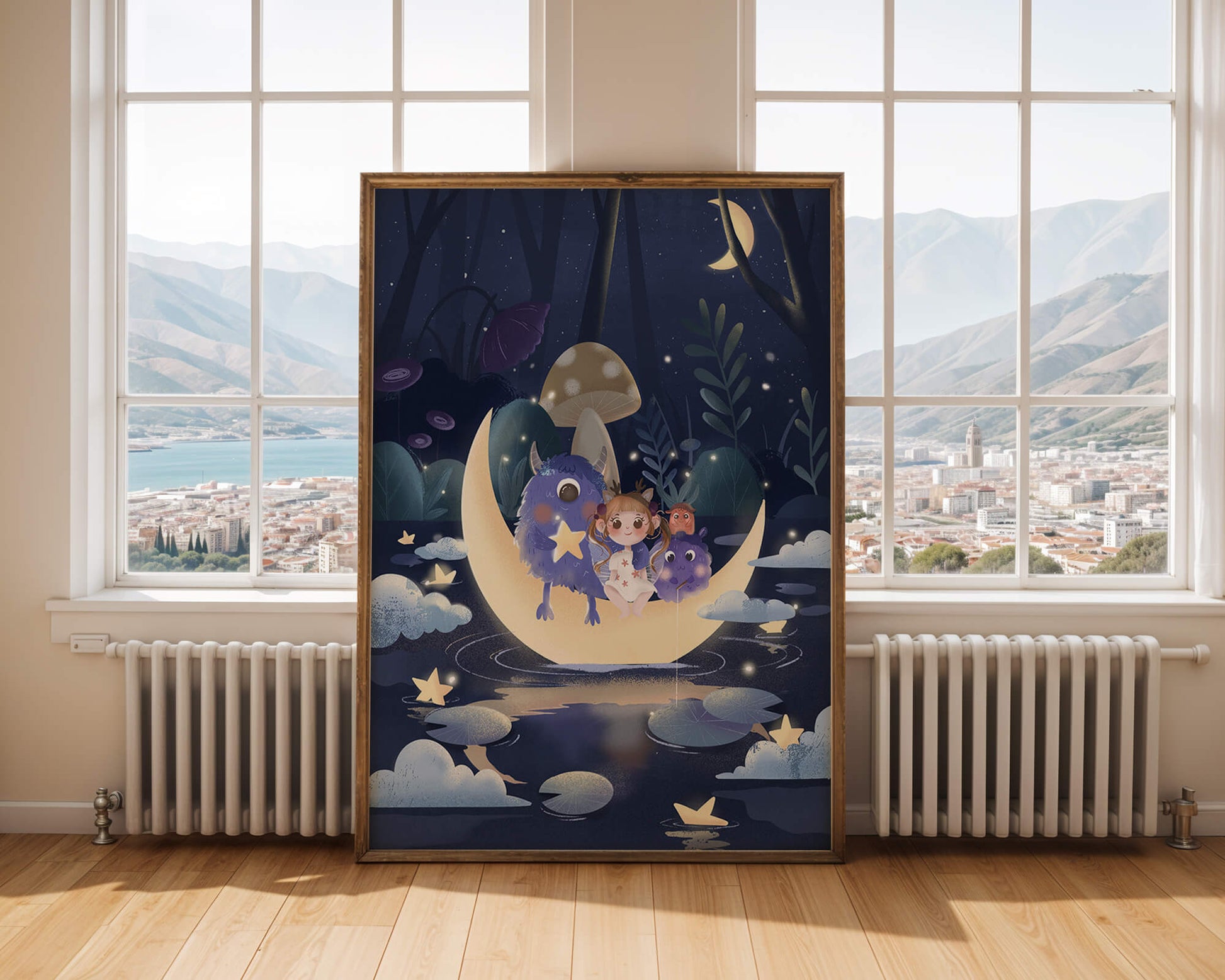 Dreamy night scene with a child and friendly monsters on a crescent moon