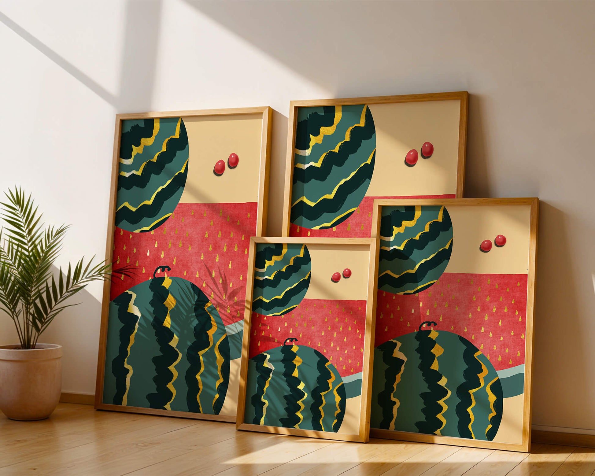 Arte abstracto vibrante de sandía con reflejos dorados