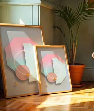An abstract geometric art piece with pastel tones and golden accents