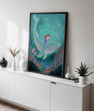 Underwater scene with child and whale surrounded by marine life