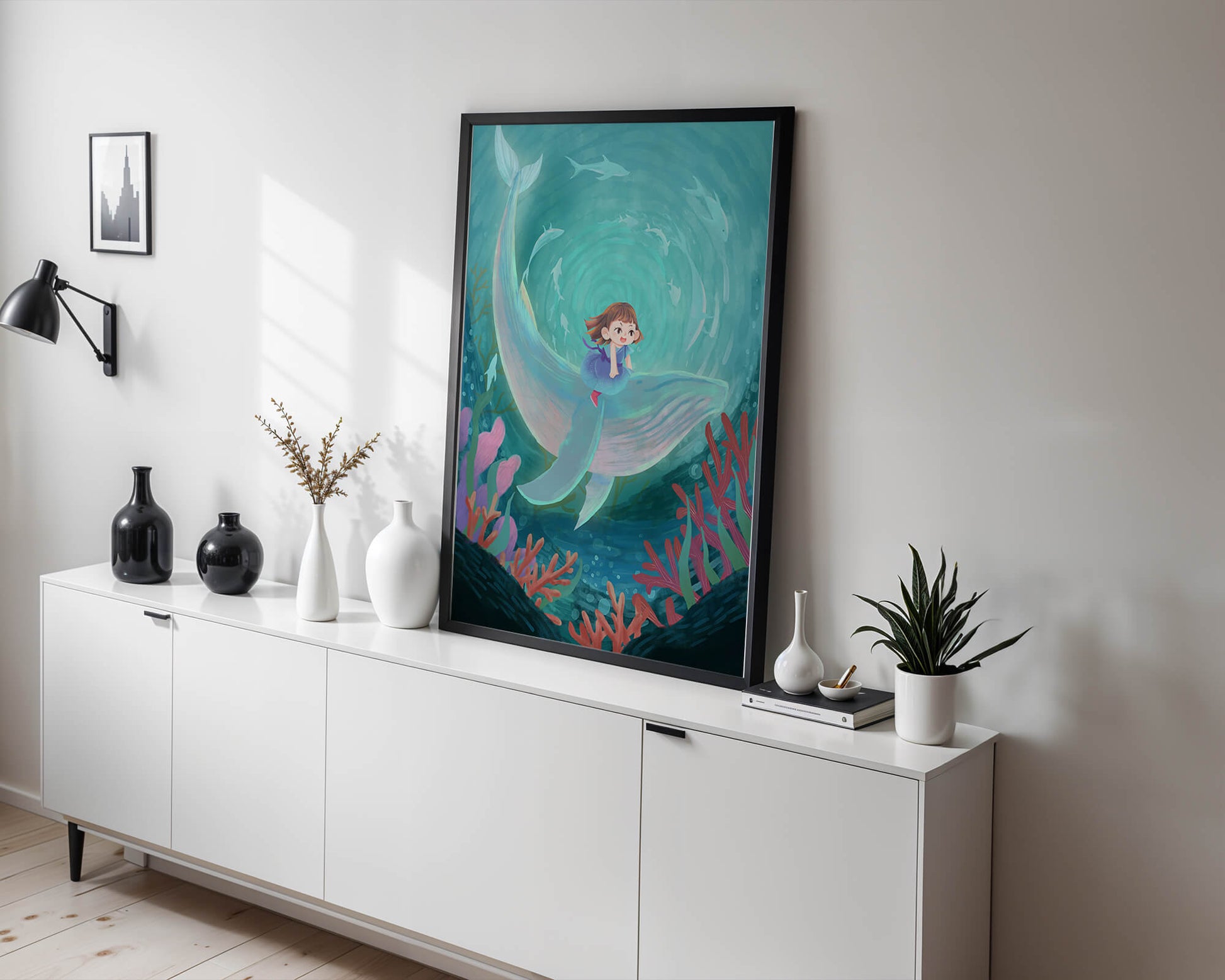 Underwater scene with child and whale surrounded by marine life