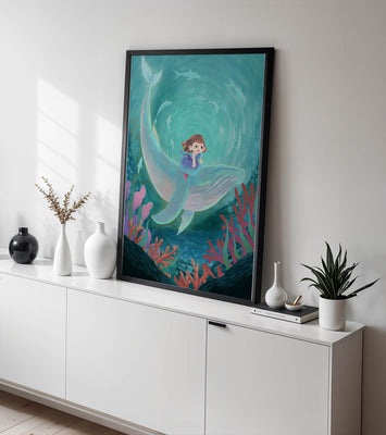 Underwater scene with child and whale surrounded by marine life