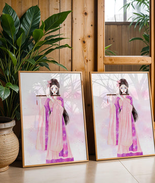 Illustration élégante à l’aquarelle d’une femme traditionnelle en tenue rose