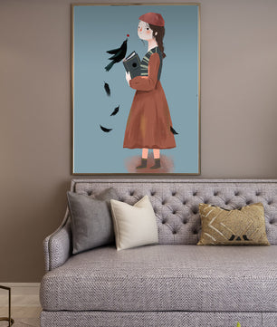 chica en atuendo vintage con pájaro y libro sobre fondo azul