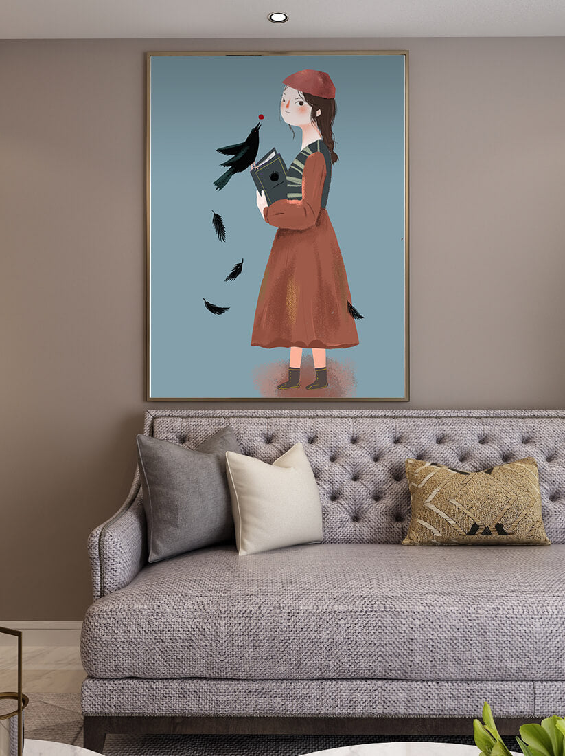 girl in vintage attire with bird and book on blue background