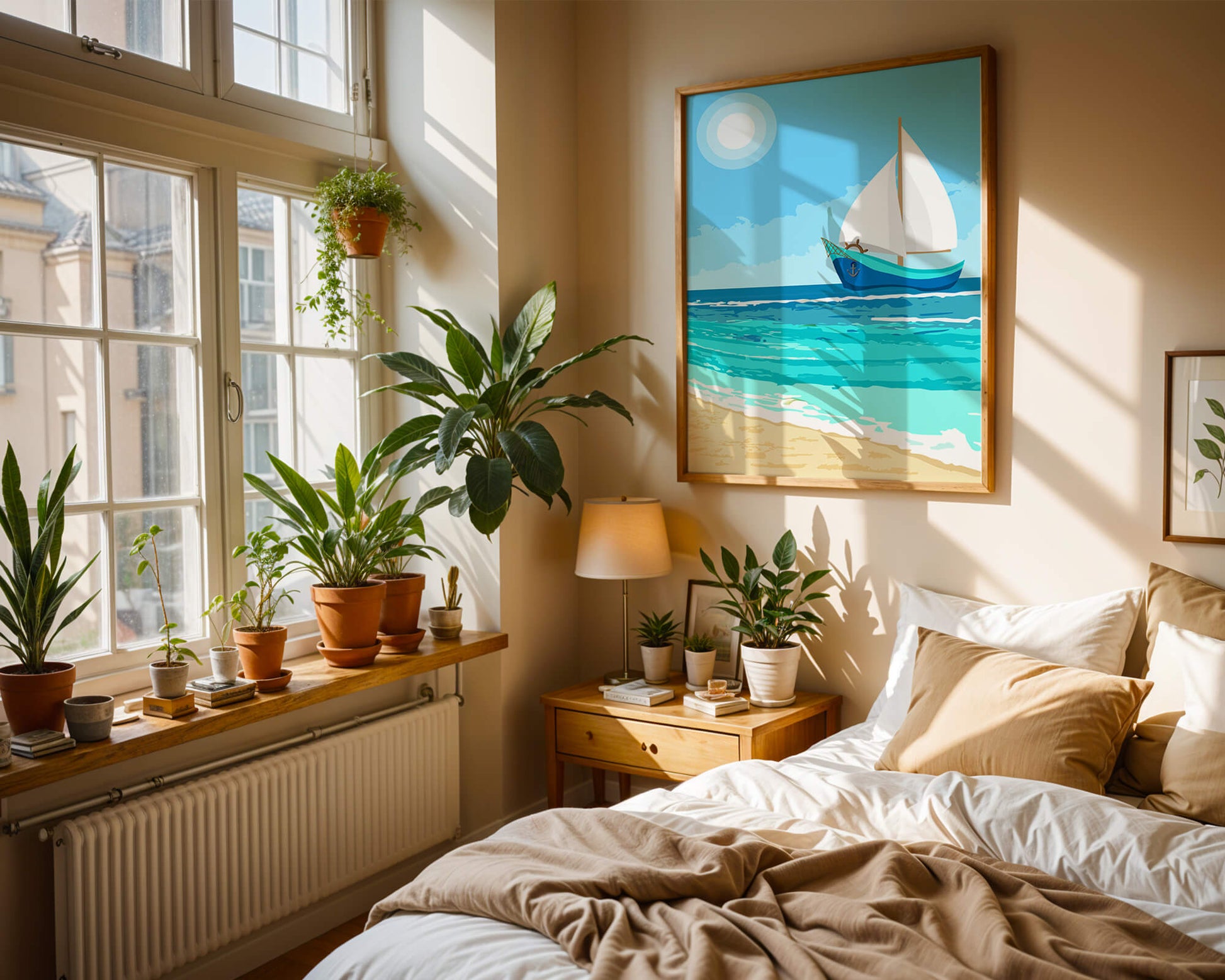 Serene ocean scenery with sailboat under the sun