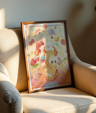 A whimsical Taurus zodiac illustration with playful animals and sweet treats