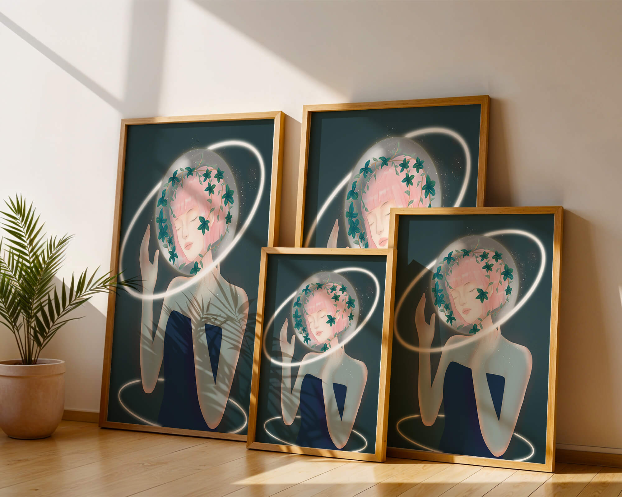 Dreamlike fantasy portrait with ethereal pink-haired figure