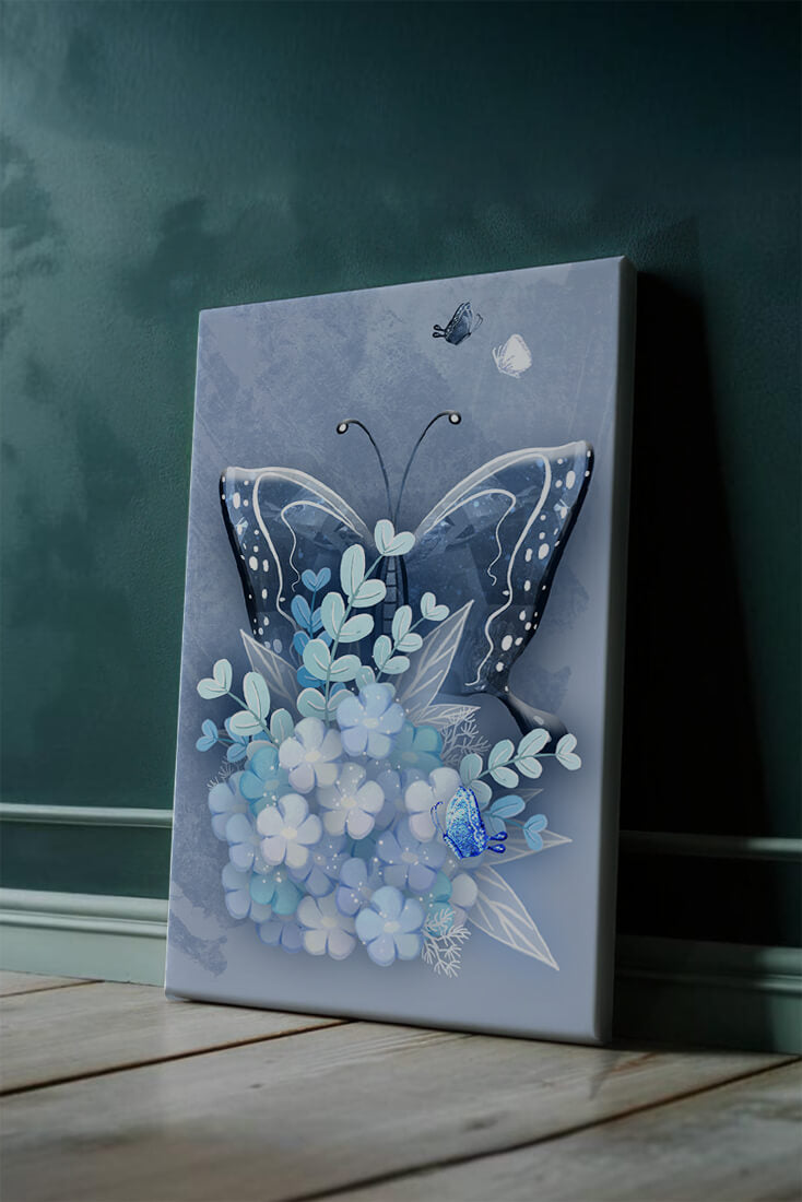 Floral and butterfly digital artwork in calming blue shades