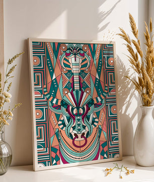 Ilustración art déco geométrica intrincada de serpiente y toro