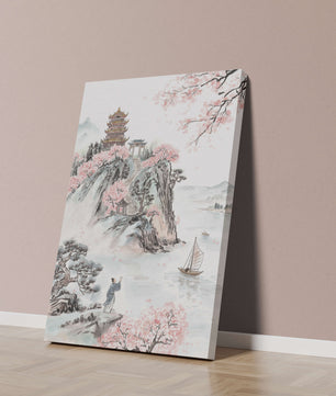 Tranquil Landscape with Cherry Blossoms and Traditional Pagoda