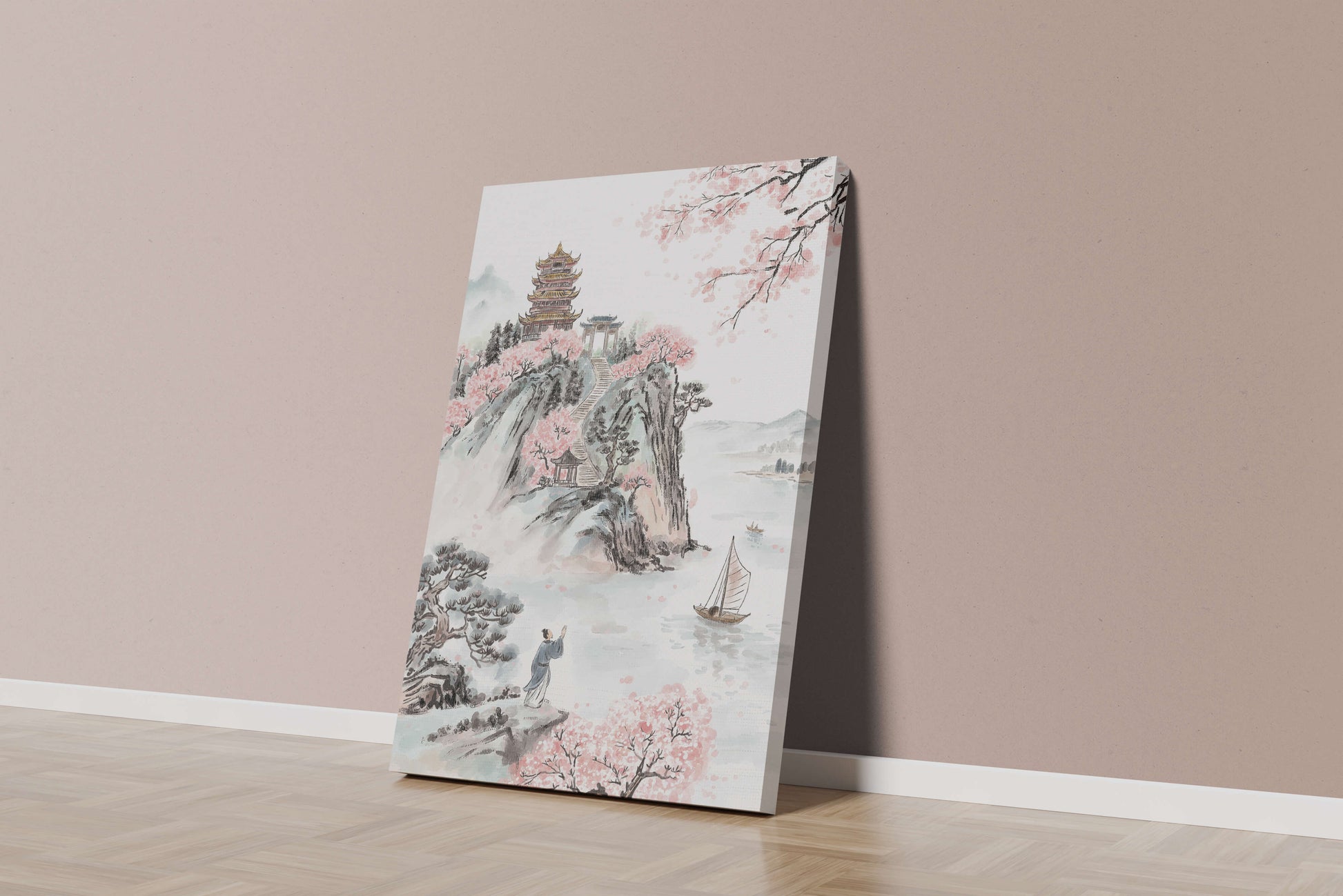 Tranquil Landscape with Cherry Blossoms and Traditional Pagoda