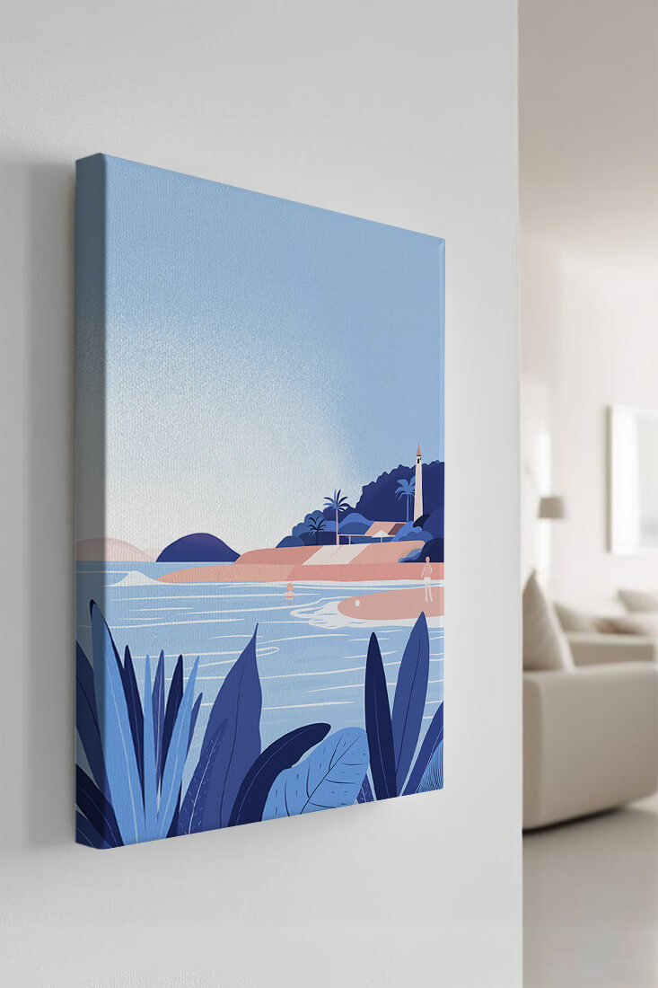 Serene seaside scene with lighthouse and tropical foliage
